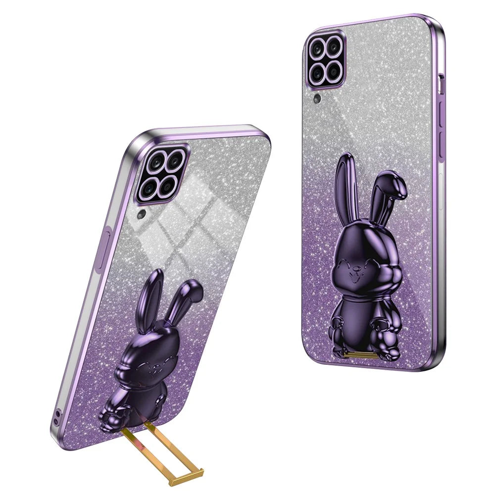 For Samsung Galaxy A22 4G (EU Version) Phone Case Lovely Rabbit Pull-out Kickstand Anti-scratch Cover - Purple - 1