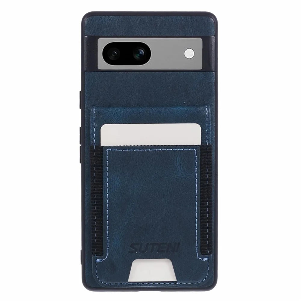 SUTENI H03 For Google Pixel 7a Anti-drop Cover Card Holder PU+TPU Kickstand Phone Case - Blue - 1