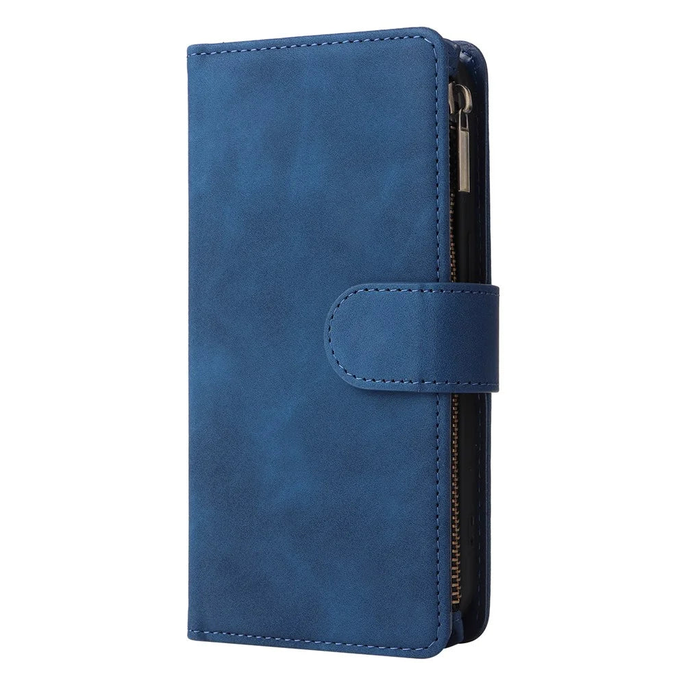 For iPhone 15 Pro Max Cell Phone Case Multiple Card Slots Drop-proof Cover with Zipper Wallet - Blue - 7