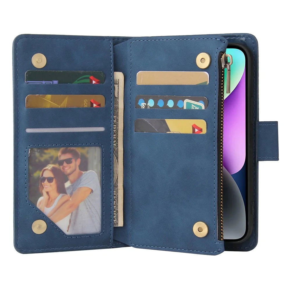 For iPhone 15 Plus Cell Phone Case Multiple Card Slots Zipper Wallet Leather Protection Cover - Blue - 2