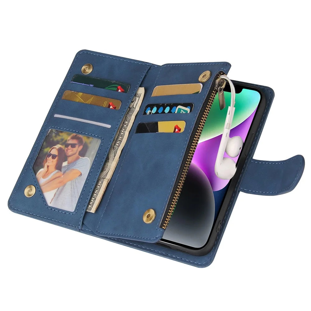 For iPhone 15 Plus Cell Phone Case Multiple Card Slots Zipper Wallet Leather Protection Cover - Blue - 5