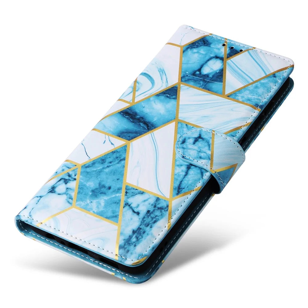 For Samsung Galaxy A55 5G Case Lacquered Leather Flip Wallet Cover Marble Pattern - Blue - 5