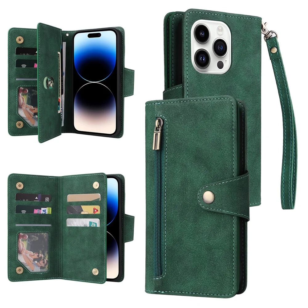 For iPhone 15 Pro Max Shockproof Phone Cover Rivet Decor PU Leather Case Stand Phone Shell Wallet - Green - 1