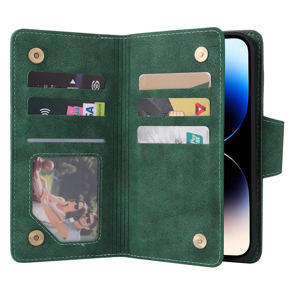 For iPhone 15 Pro Max Shockproof Phone Cover Rivet Decor PU Leather Case Stand Phone Shell Wallet - Green - 2