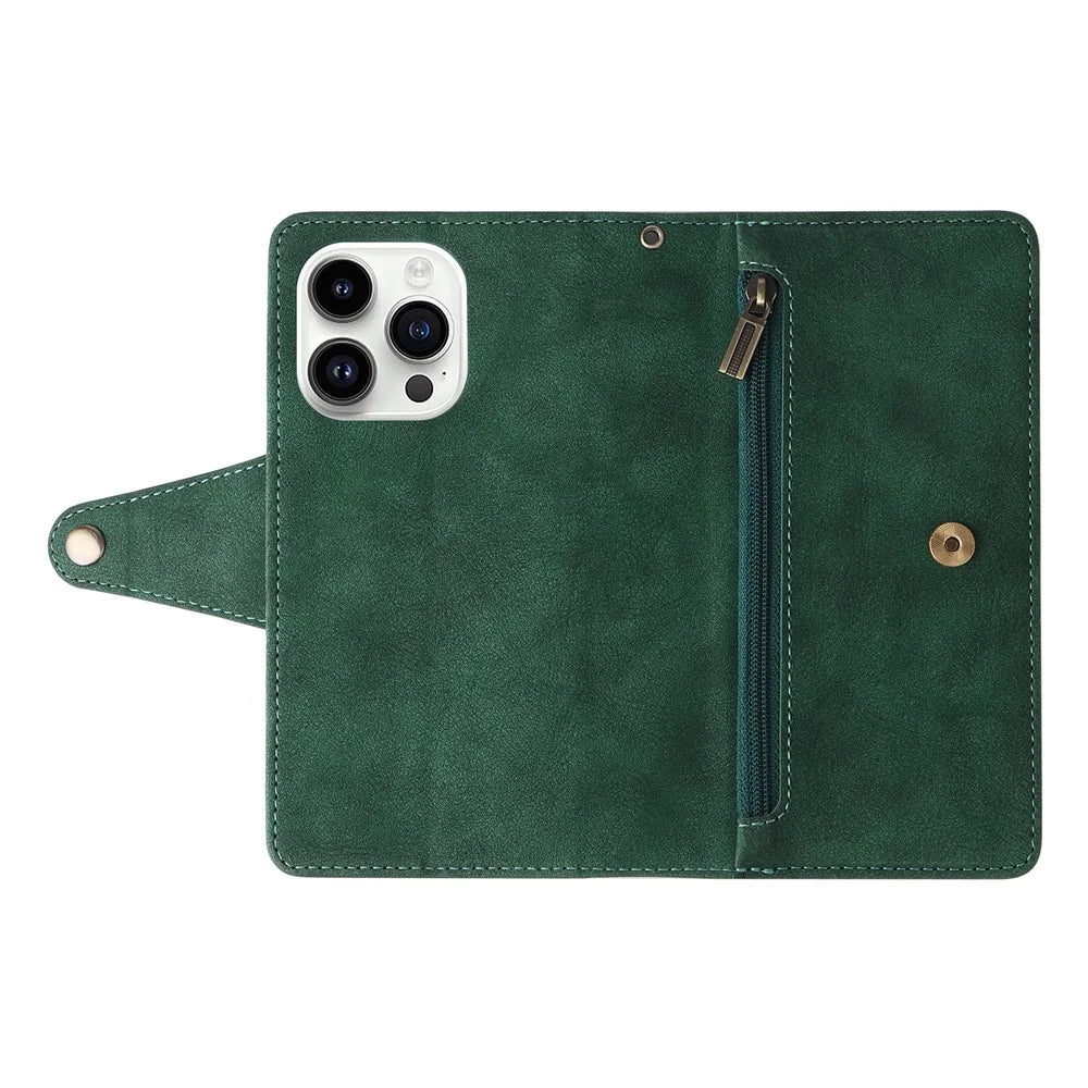 For iPhone 15 Pro Max Shockproof Phone Cover Rivet Decor PU Leather Case Stand Phone Shell Wallet - Green - 6