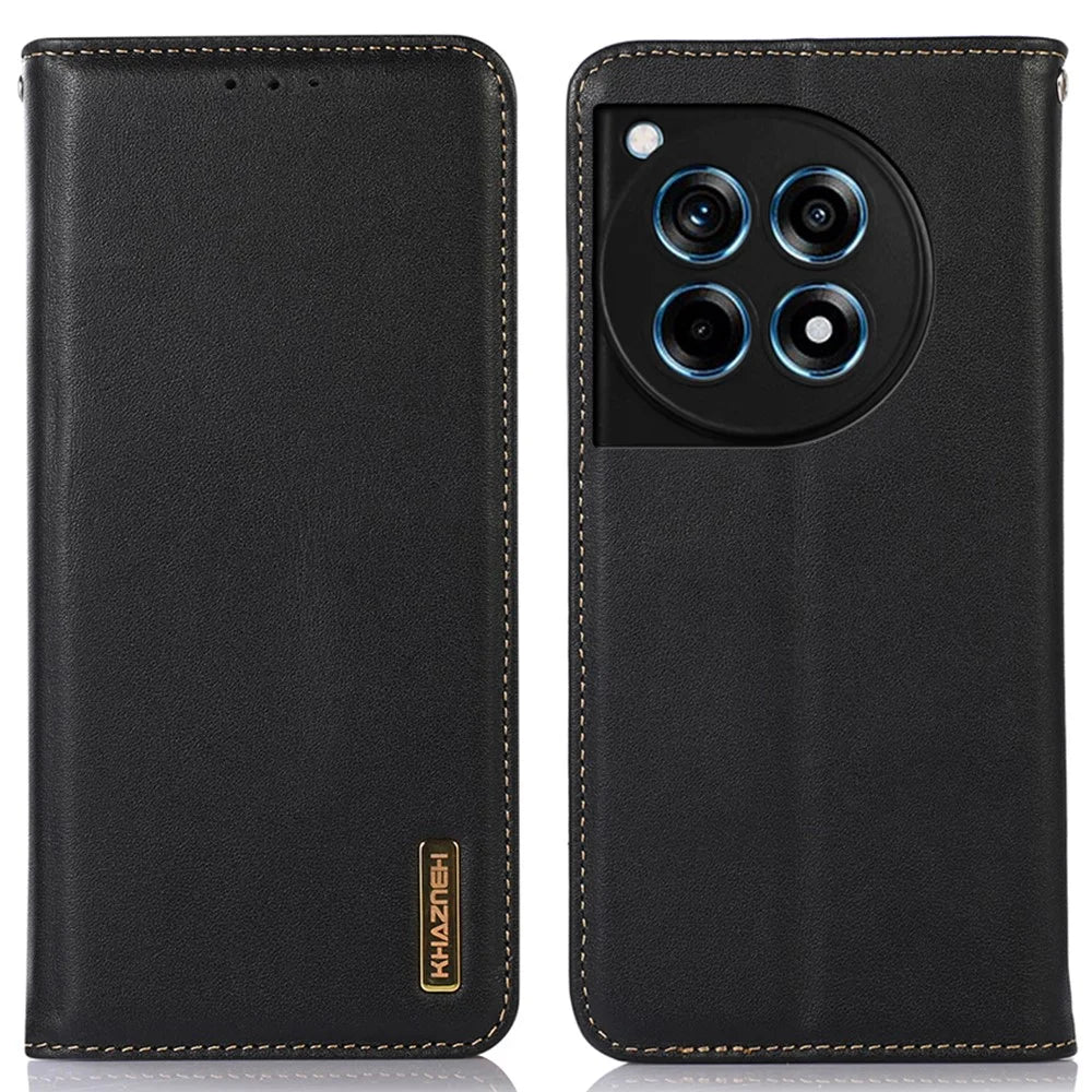 KHAZNEH For OnePlus 12R 5G / Ace 3 5G Wallet Case Genuine Cow Leather Phone Stand Cover - Black - 1