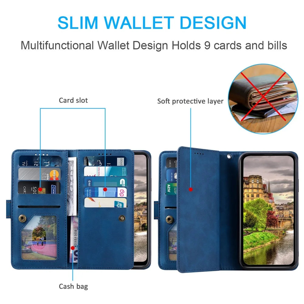For Google Pixel 9 / Pixel 9 Pro Wallet Phone Case Zipper Leather Cover with 9 Card Slots - Blue - 5