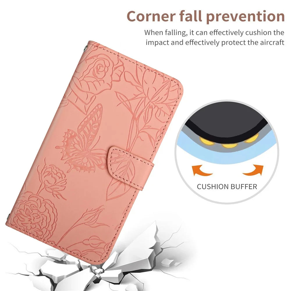 HT03 For Google Pixel 10 Pro XL / 9 Pro XL Case Flower Imprinted Leather Skin-Touch Phone Cover - Pink - 6