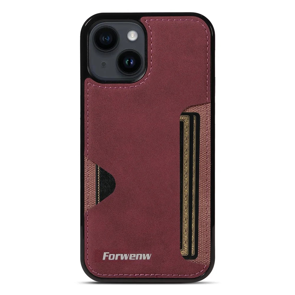 FORWENW F5 Series For iPhone 15 Card Holder Case Leather+TPU Phone Cover - Wine Red - 2