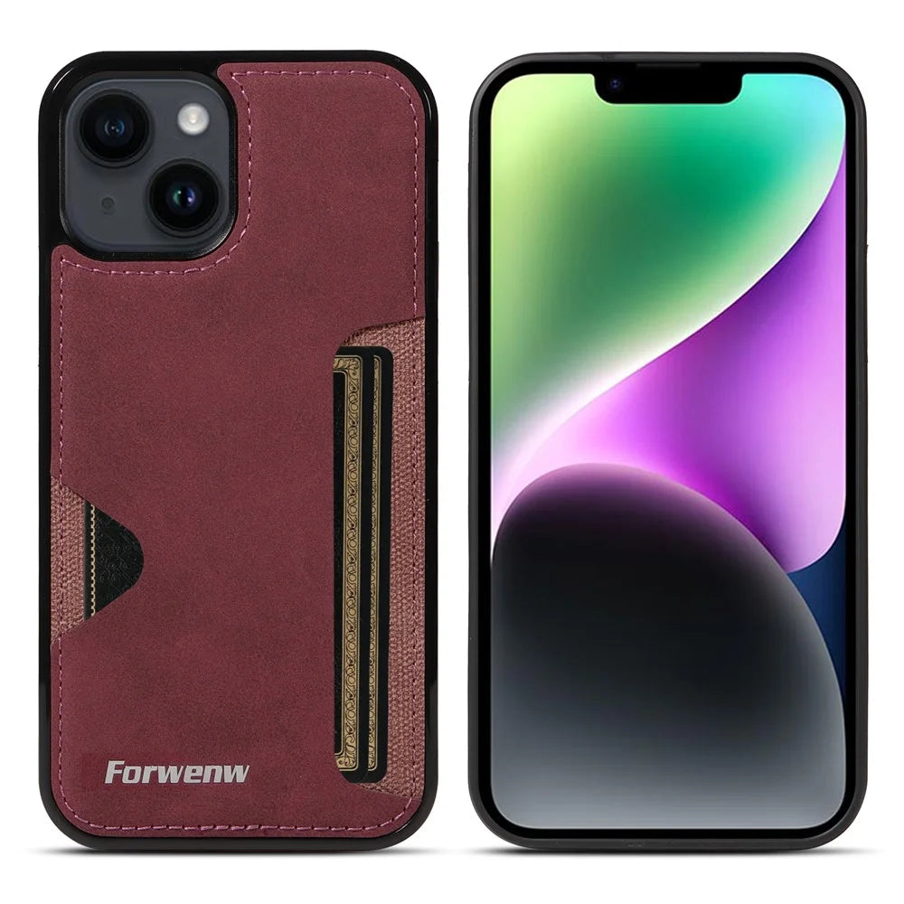 FORWENW F5 Series For iPhone 15 Plus Protective Case Leather+TPU Phone Case with Card Holder - Wine Red - 1