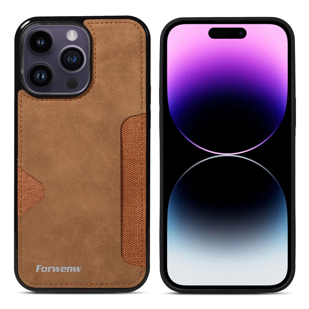 FORWENW F5 Series For iPhone 15 Pro Case Card Holder Leather+TPU Phone Cover - Brown - 1