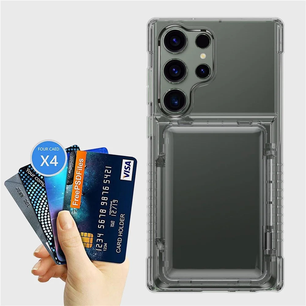 For Samsung Galaxy S23 Ultra Cell Phone Case Clear PC+TPU Flip Card Slot Cover - Transparent Black - 3