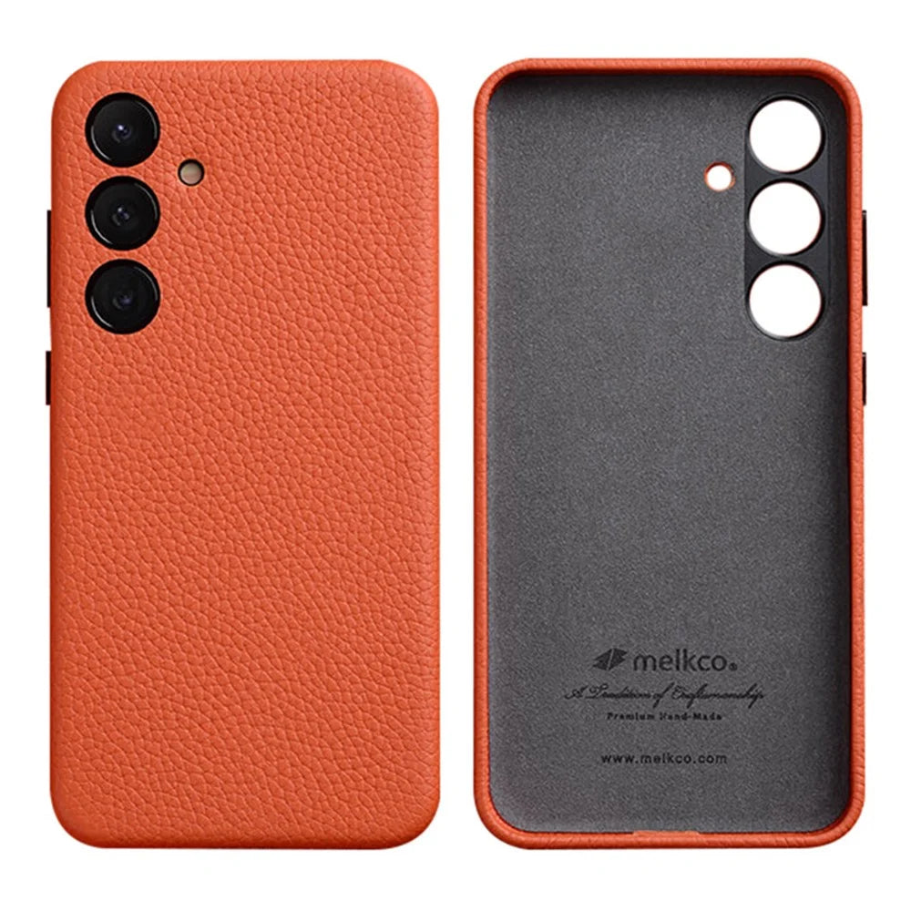 MELKCO For Samsung Galaxy S24 Cell Phone Cases Anti-scratch Genuine Cow Leather+PC Cover - Orange - 1