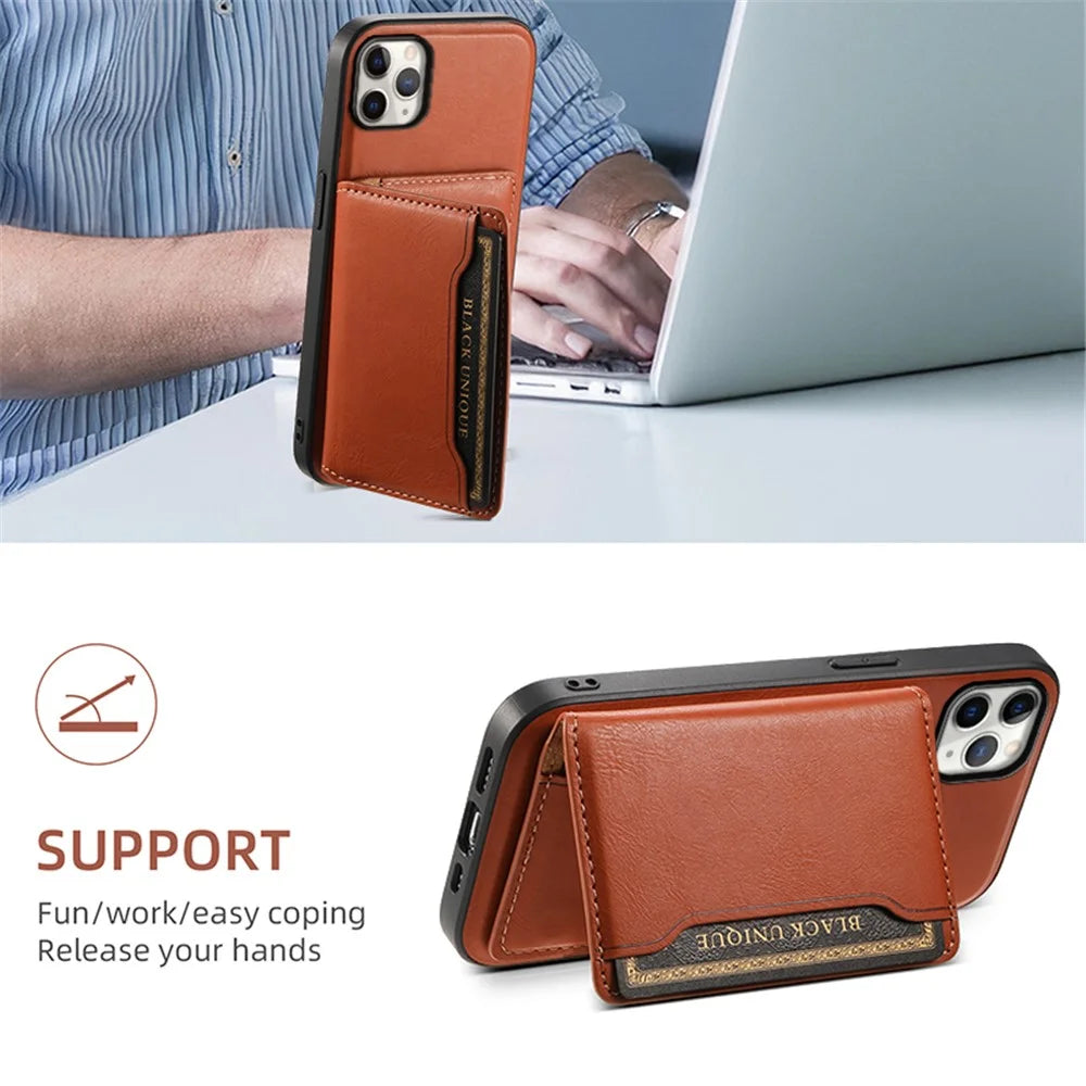 DENIOR For iPhone 11 Pro Max Magnetic Case Cowhide Texture Detachable Card Bag Phone Shell - Brown - 6