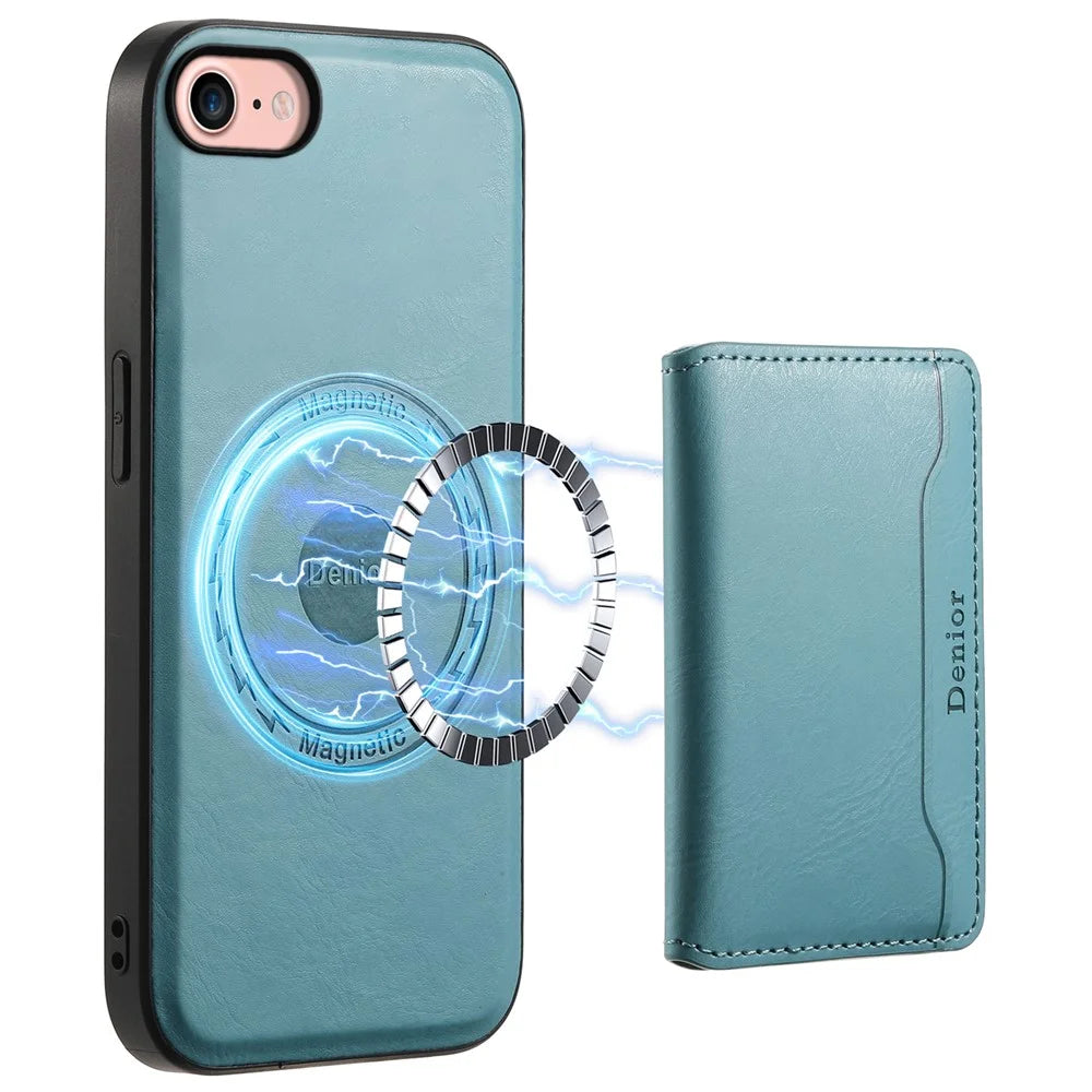 DENIOR For iPhone 7 / 8 / SE(2020) / SE(2022) Case Cowhide Texture Kickstand Phone Shell Compatible with MagSafe - Blue - 1