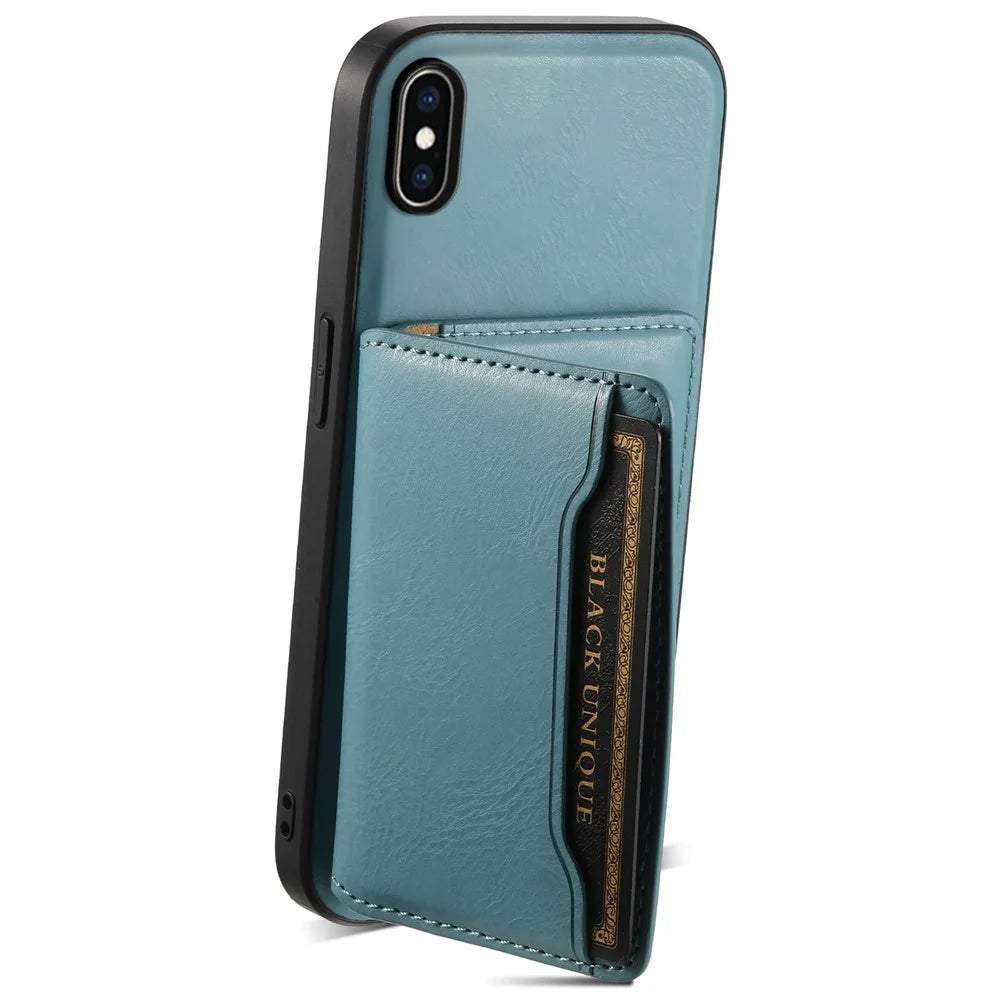 DENIOR For iPhone XS Max 6.5 inch Case Kickstand Cowhide Texture Phone Purse Cover Compatible with MagSafe - Blue - 2