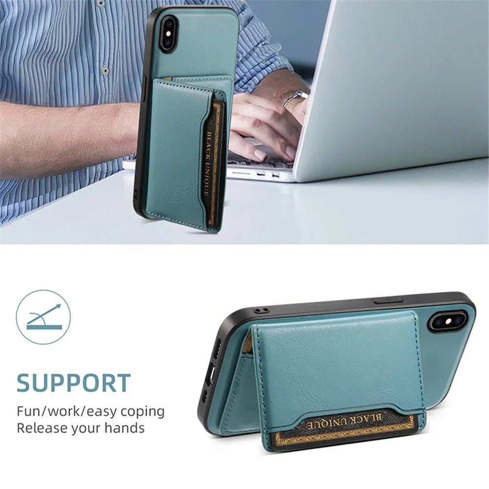DENIOR For iPhone XS Max 6.5 inch Case Kickstand Cowhide Texture Phone Purse Cover Compatible with MagSafe - Blue - 6