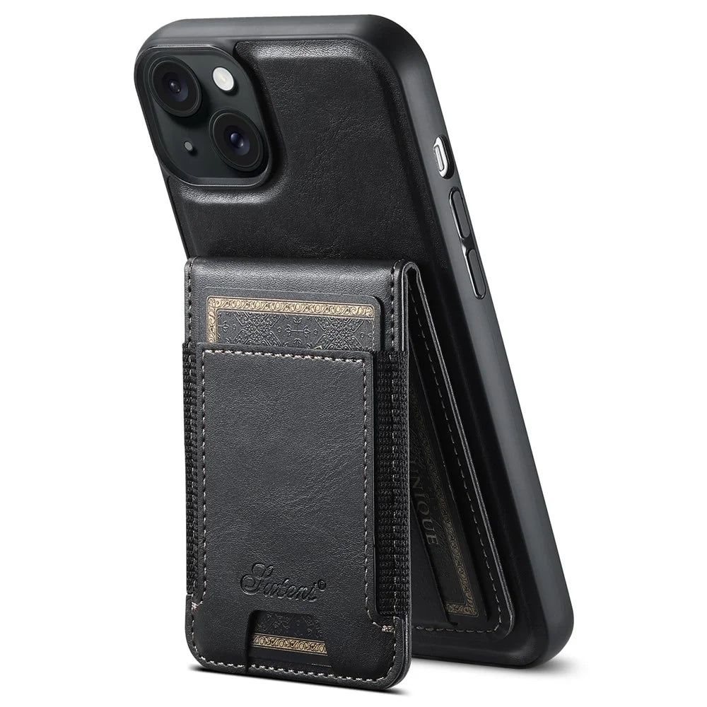 SUTENI H17 For iPhone 15 Plus Case Compatible with MagSafe PU+TPU Kickstand Phone Cover - Black - 1