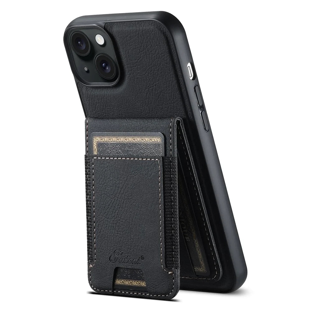 SUTENI H17 Magnetic Case for iPhone 15 Plus Shell Anti-fall Leather Card Holder Phone Cover - Black - 1
