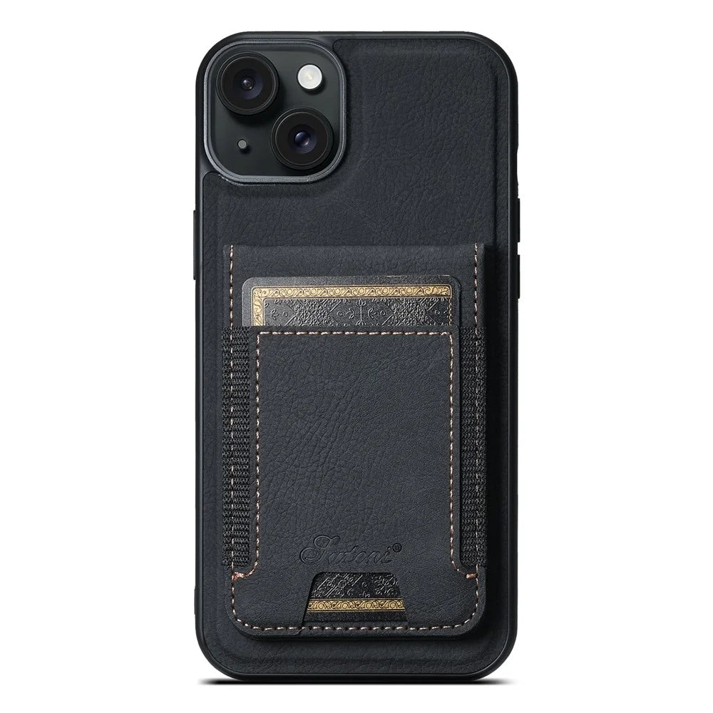 SUTENI H17 Magnetic Case for iPhone 15 Plus Shell Anti-fall Leather Card Holder Phone Cover - Black - 2