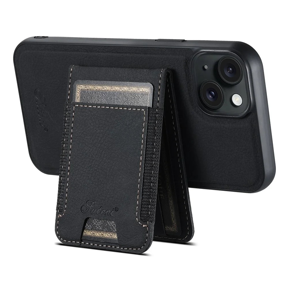 SUTENI H17 Leather Case for iPhone 15 Shell Shockproof Litchi Texture Magnetic Phone Cover - Black - 3