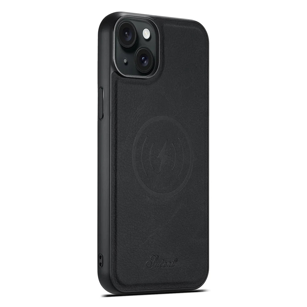 SUTENI H17 Leather Case for iPhone 15 Shell Shockproof Litchi Texture Magnetic Phone Cover - Black - 5