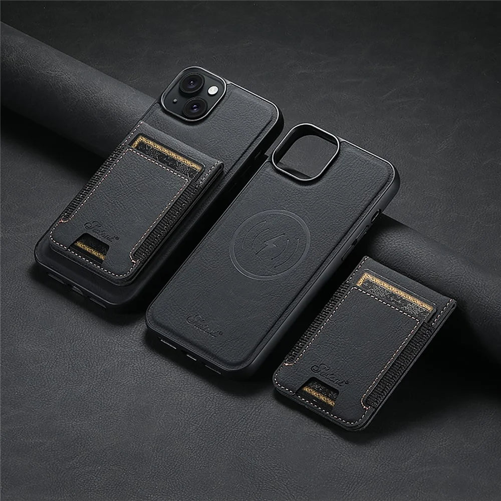 SUTENI H17 Leather Case for iPhone 15 Shell Shockproof Litchi Texture Magnetic Phone Cover - Black - 6