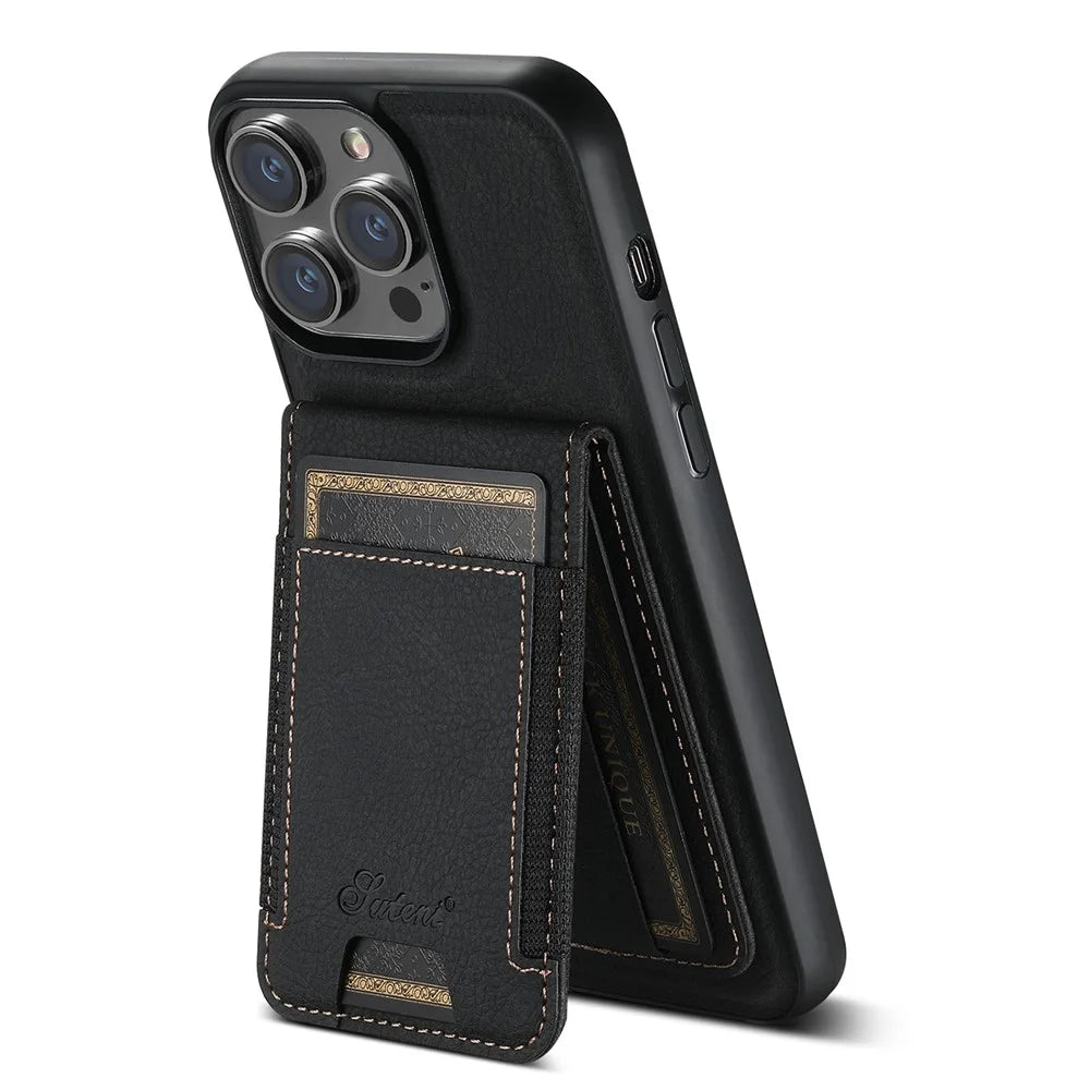 SUTENI H17 For iPhone 13 Pro Magnetic Case Card Slots Leather+TPU Kickstand Phone Cover - Black - 1