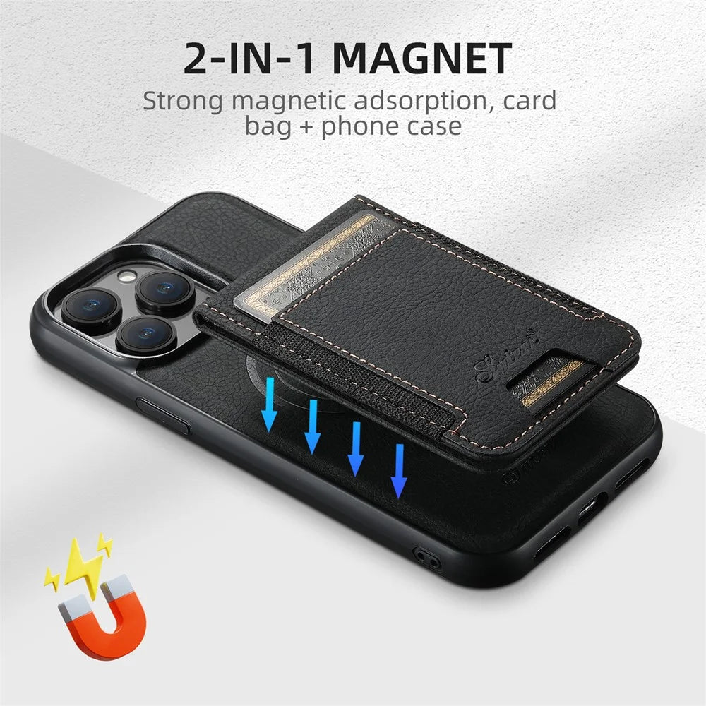 SUTENI H17 For iPhone 13 Pro Magnetic Case Card Slots Leather+TPU Kickstand Phone Cover - Black - 3