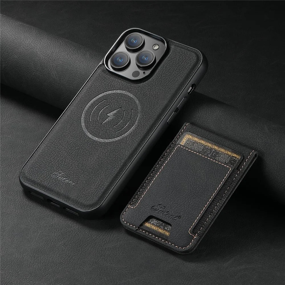 SUTENI H17 For iPhone 13 Pro Magnetic Case Card Slots Leather+TPU Kickstand Phone Cover - Black - 5