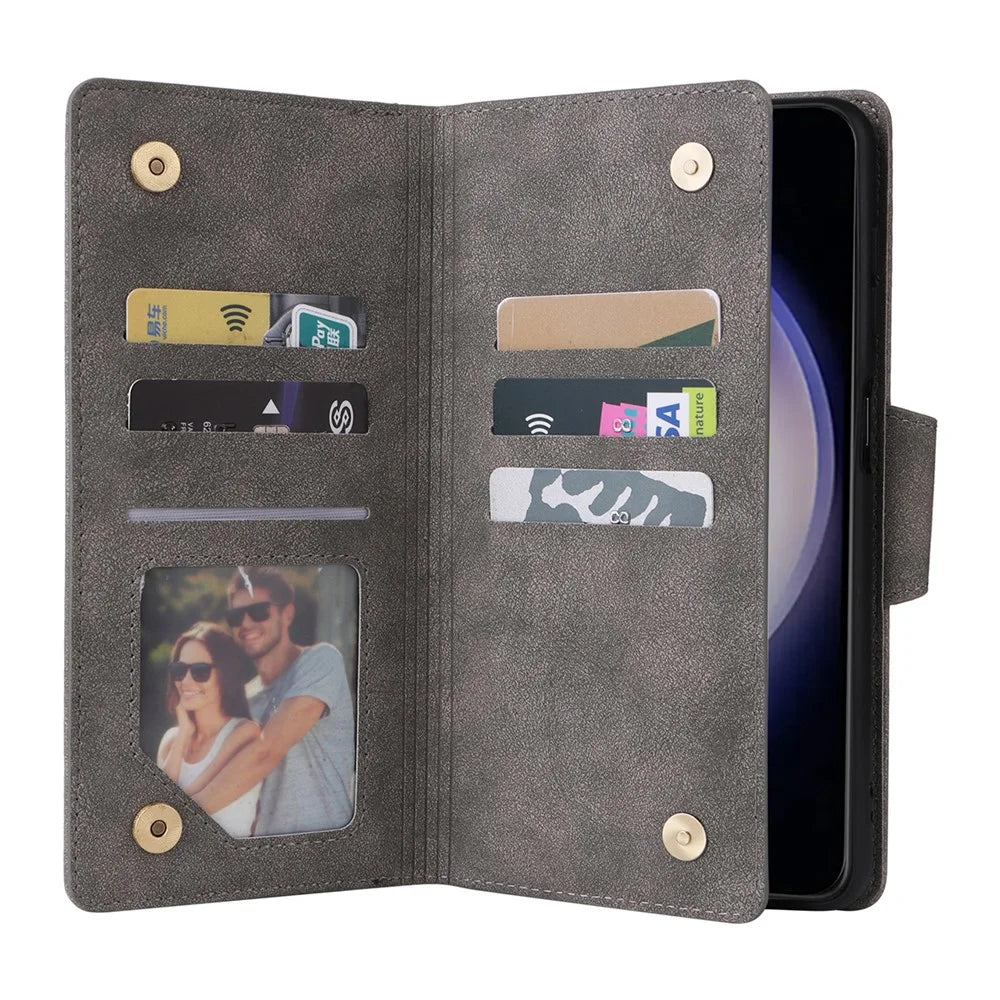 For Samsung Galaxy S24+ Case Zipper Pocket Folio PU Leather Wallet Phone Cover - Grey - 2