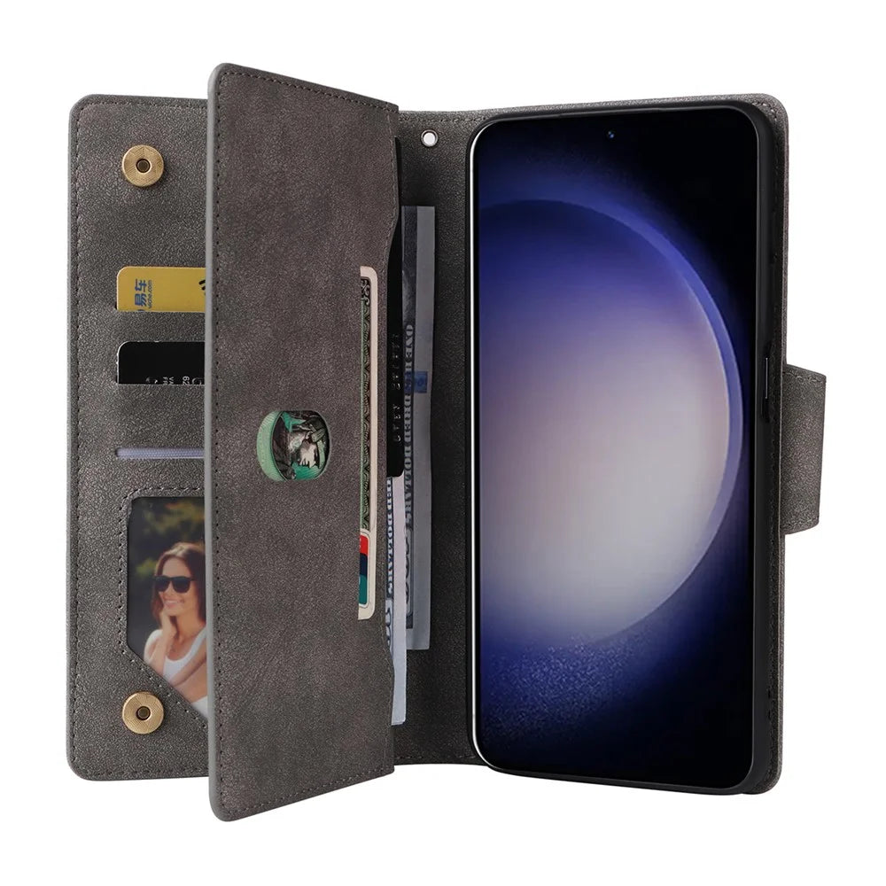 For Samsung Galaxy S24+ Case Zipper Pocket Folio PU Leather Wallet Phone Cover - Grey - 3
