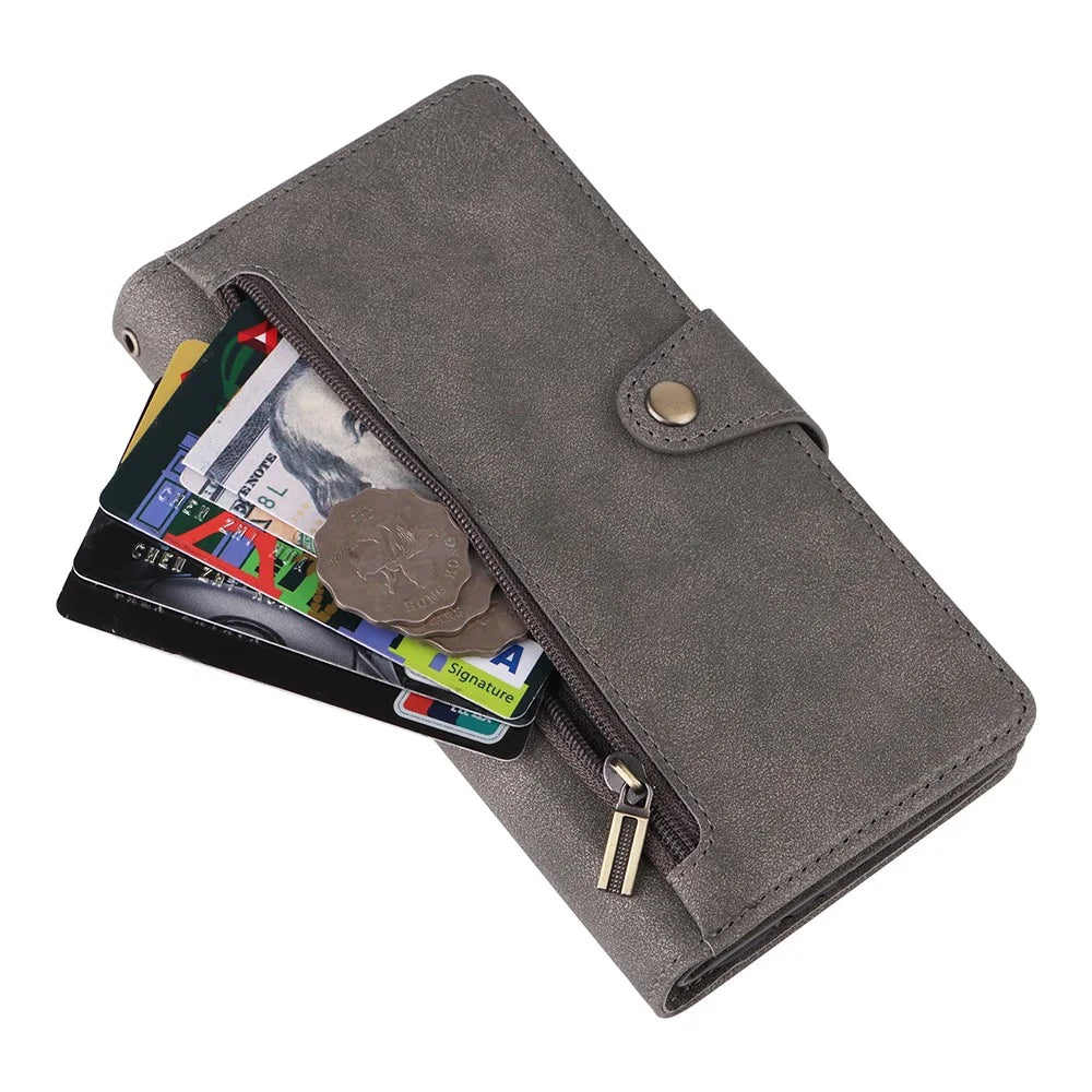 For Samsung Galaxy S24+ Case Zipper Pocket Folio PU Leather Wallet Phone Cover - Grey - 5