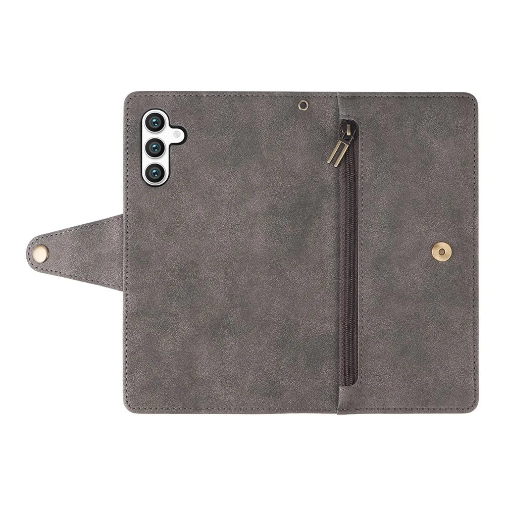 For Samsung Galaxy S24+ Case Zipper Pocket Folio PU Leather Wallet Phone Cover - Grey - 6