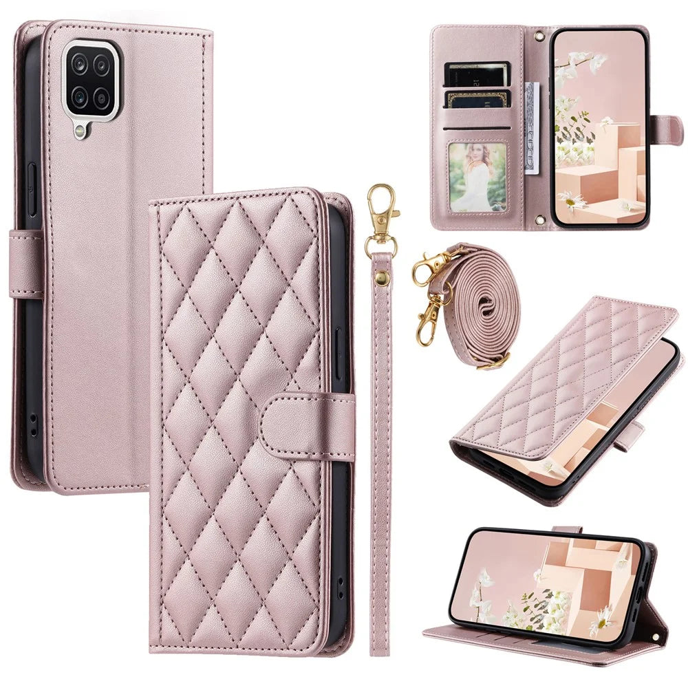 For Samsung Galaxy A12 Case Leather Wallet Flip Phone Cover with Shoulder Strap - Rose Gold - 1