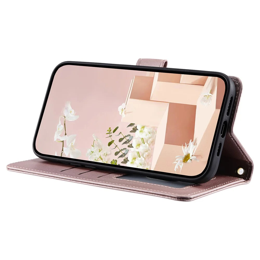 For Samsung Galaxy A12 Case Leather Wallet Flip Phone Cover with Shoulder Strap - Rose Gold - 4