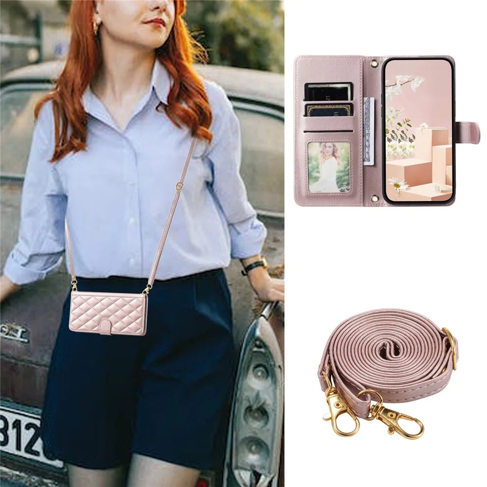 For Samsung Galaxy A12 Case Leather Wallet Flip Phone Cover with Shoulder Strap - Rose Gold - 5