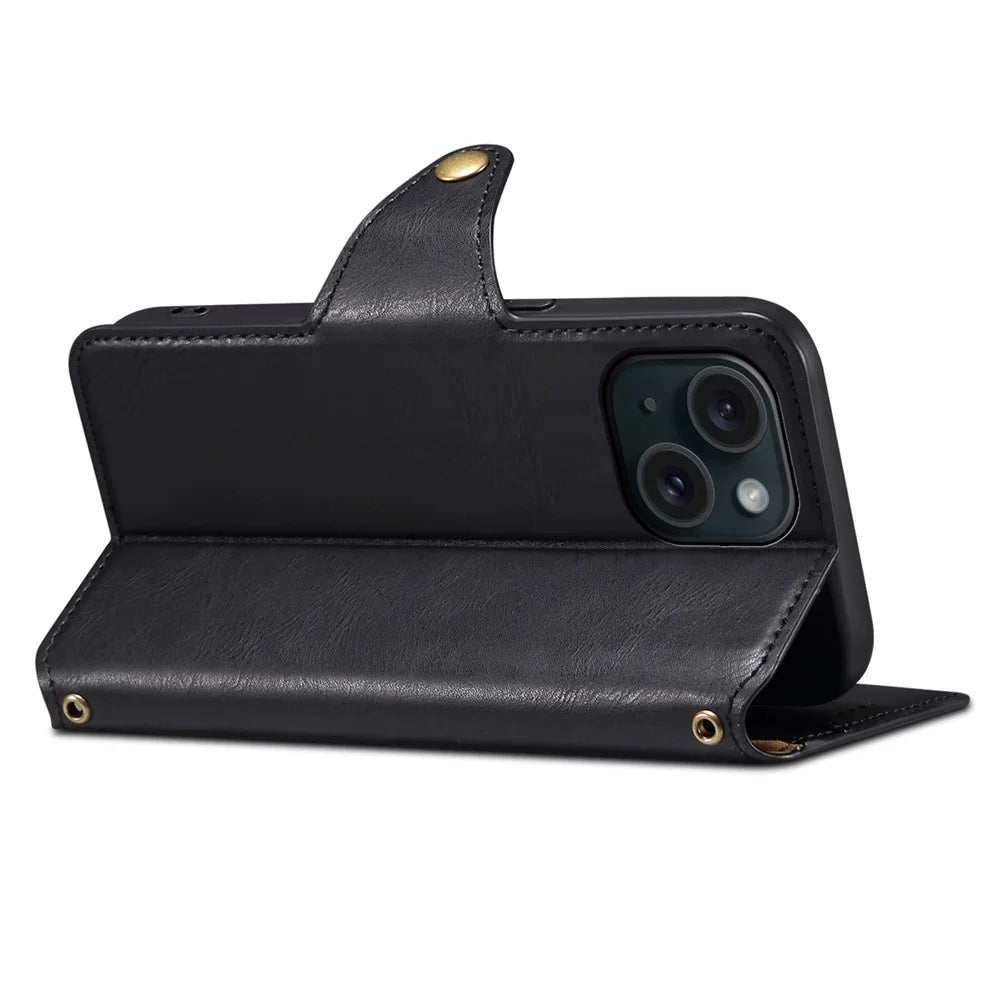 DENIOR For iPhone 15 Wallet Case Cowhide Texture PU Leather Phone Cover with Folding Stand - Black - 2