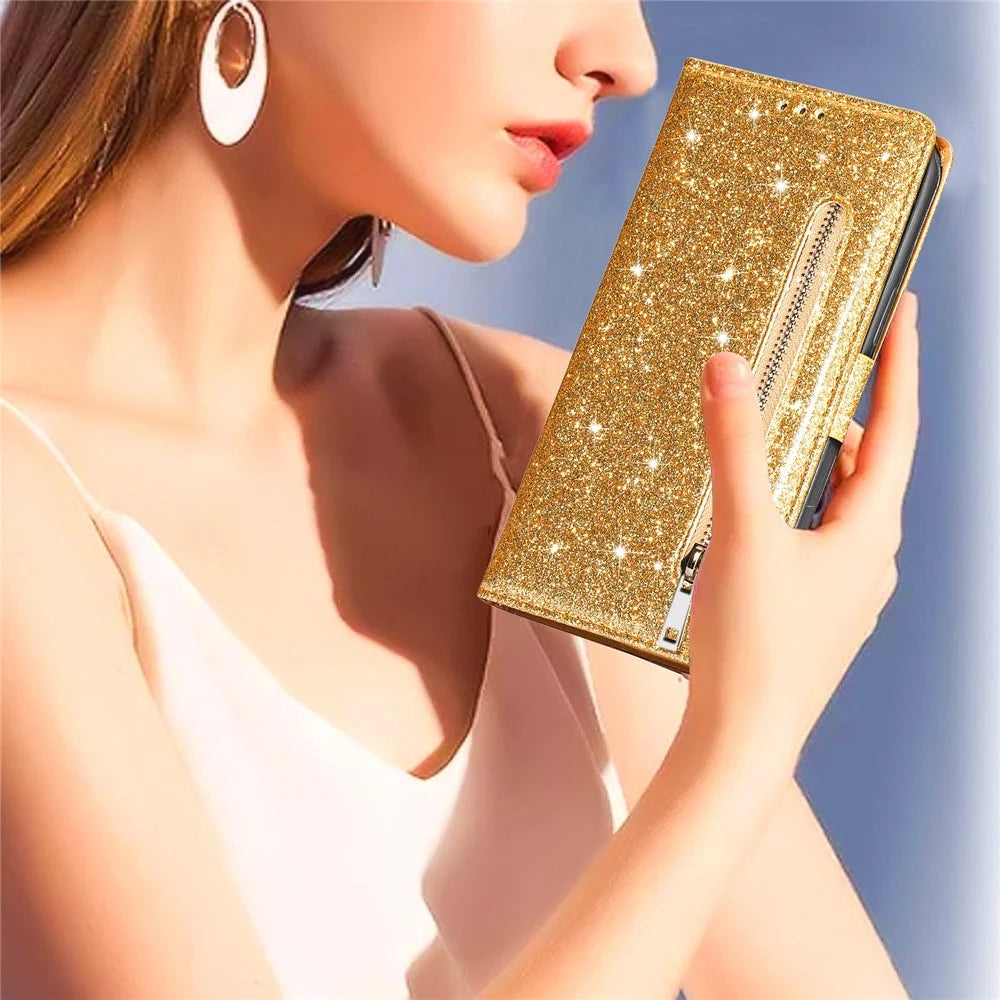 For Samsung Galaxy S23 FE Case Zipper Pocket Glitter Leather Phone Cover - Gold - 5