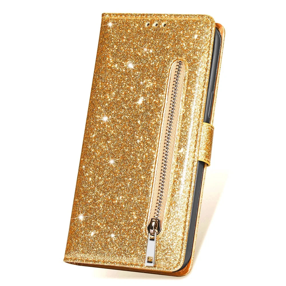 For Samsung Galaxy S23 FE Case Zipper Pocket Glitter Leather Phone Cover - Gold - 6