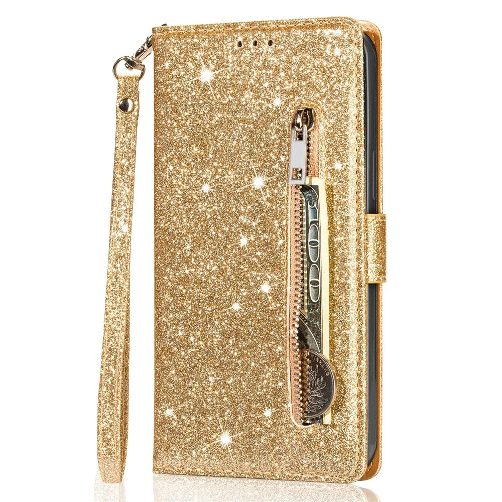 For Samsung Galaxy S23 FE Case Zipper Pocket Glitter Leather Phone Cover - Gold - 7
