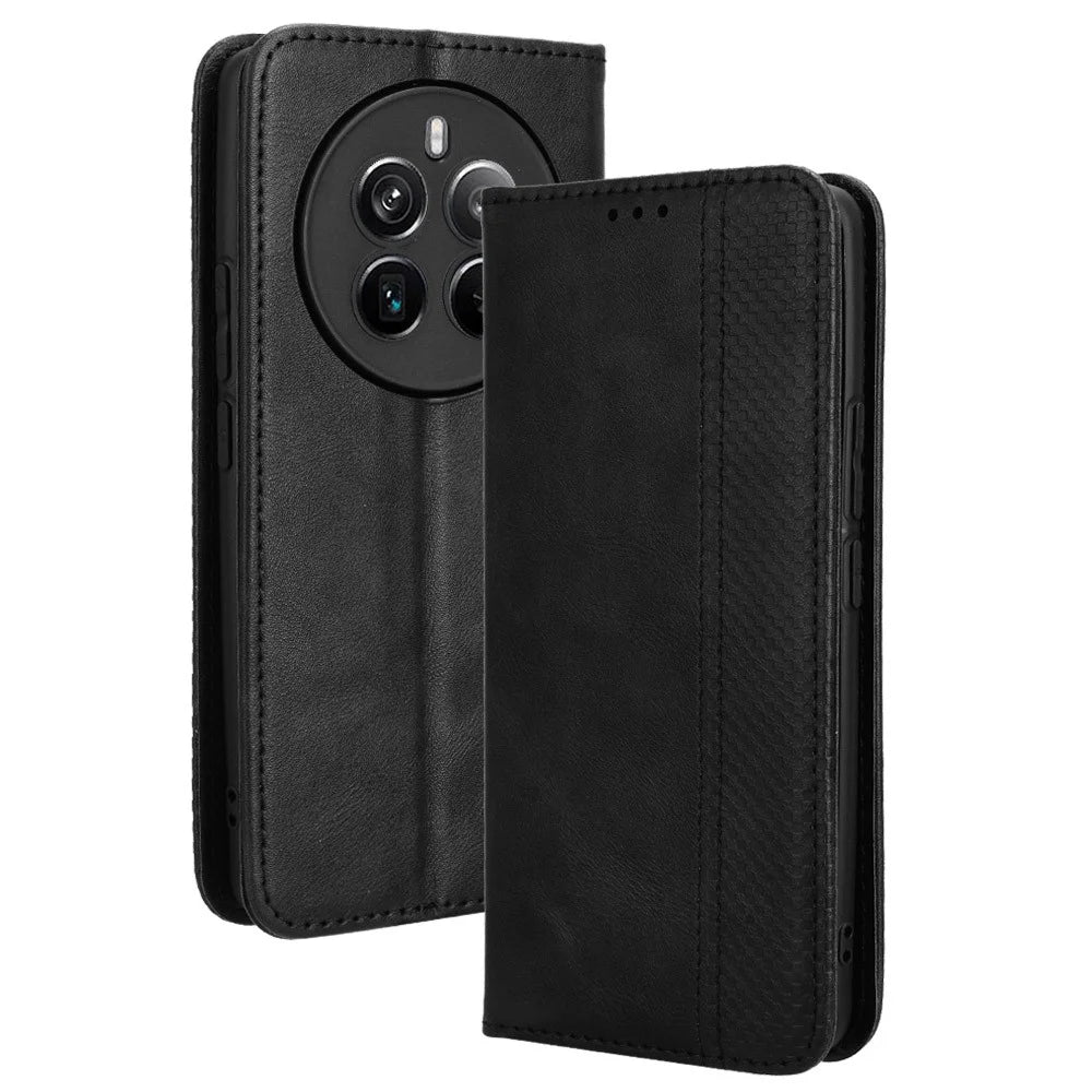 For Realme 12 4G / 12+ 5G / Narzo 70 Pro 5G / Narzo 70 5G / P1 5G / 13 4G Wallet Case Viewing Stand Leather Retro Texture Phone Cover - Black - 1
