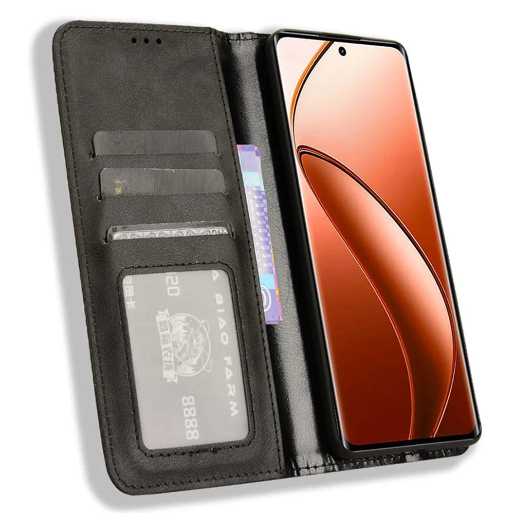 For Realme 12 4G / 12+ 5G / Narzo 70 Pro 5G / Narzo 70 5G / P1 5G / 13 4G Wallet Case Viewing Stand Leather Retro Texture Phone Cover - Black - 2