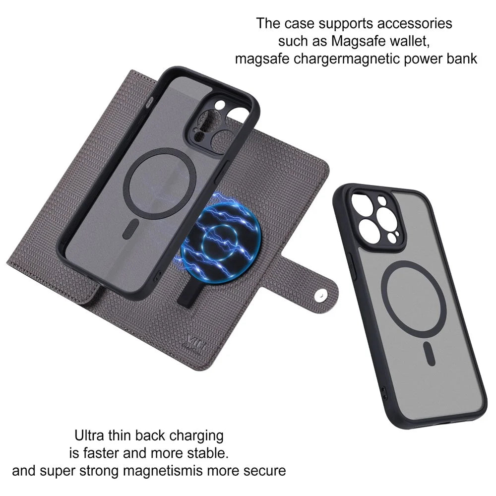 VILI GHA Series For iPhone 15 Pro Max Cell Phone Cases Wallet PU Leather+TPU+PC Cover Compatible with MagSafe - Grey - 3