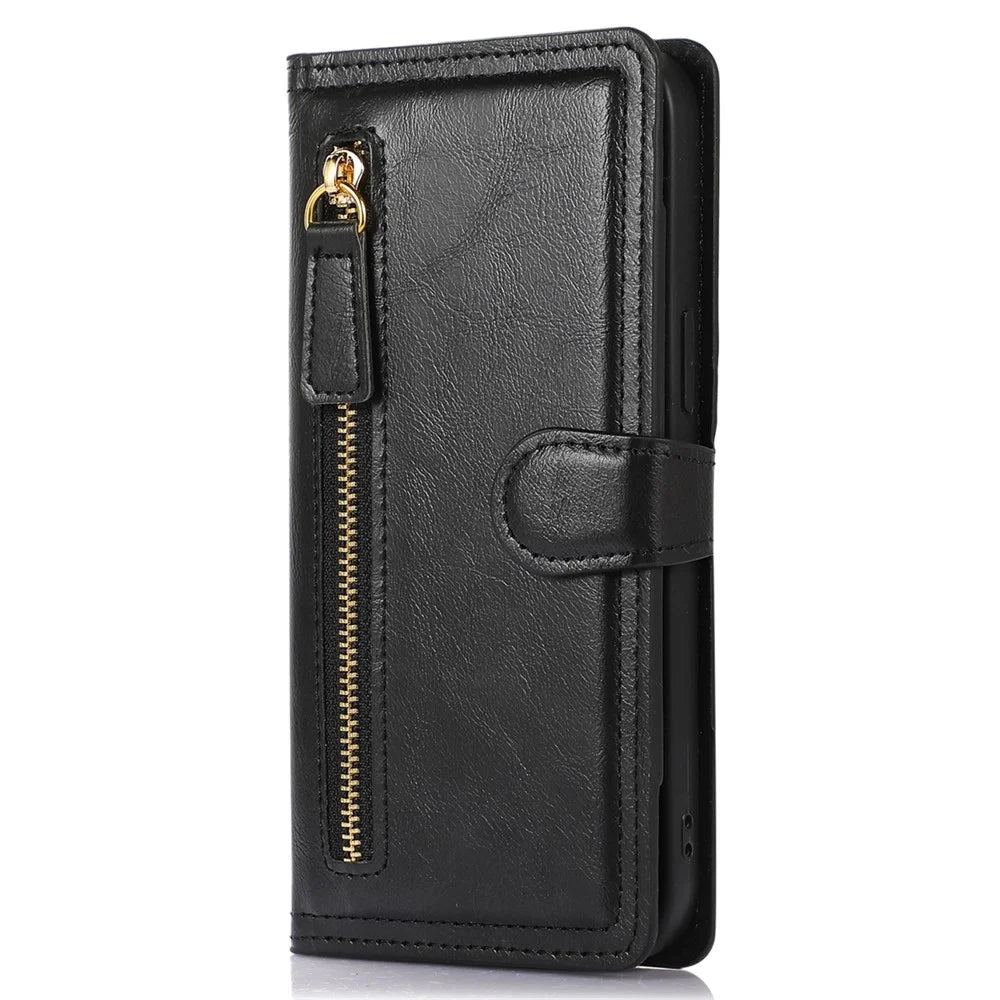 For Samsung Galaxy A55 5G Leather Case Zipper Wallet Stand Phone Cover - Black - 6