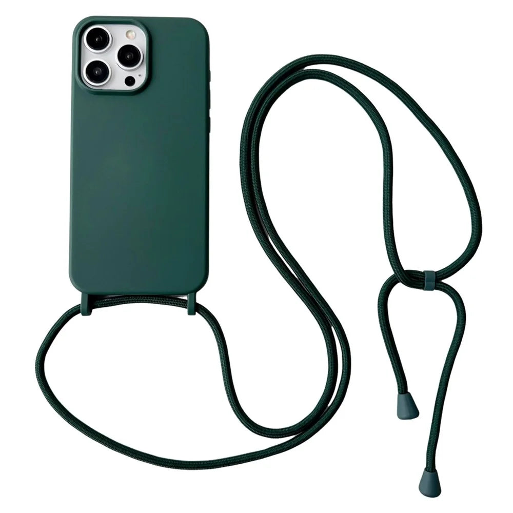 For iPhone 15 Pro Max Case Soft Touch Liquid Silicone Phone Cover with Neck Lanyard Strap - Blackish Green - 1