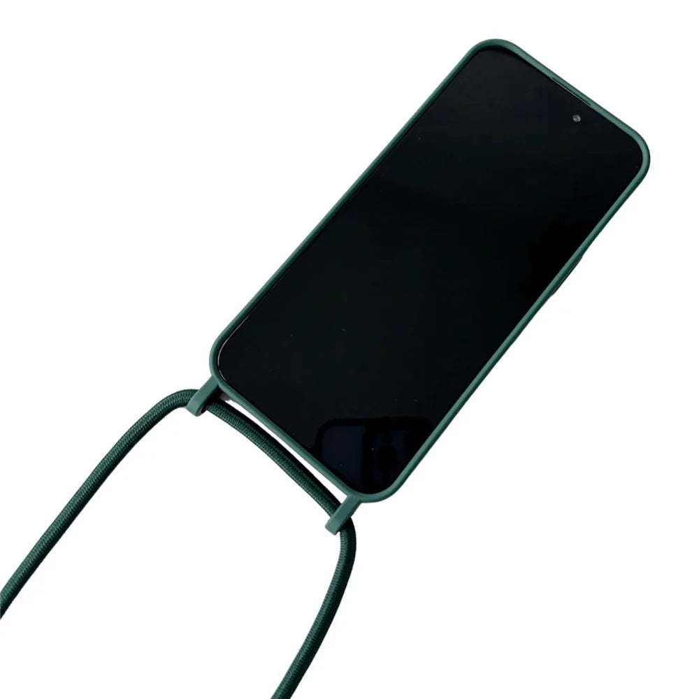 For iPhone 15 Pro Max Case Soft Touch Liquid Silicone Phone Cover with Neck Lanyard Strap - Blackish Green - 6