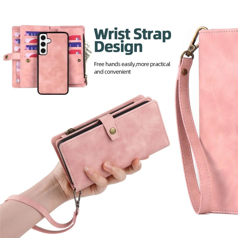 MEGSHI H1 Series For Samsung Galaxy S23 FE Leather Case Detachable 2-in-1 Zipper Phone Cover - Pink - 6