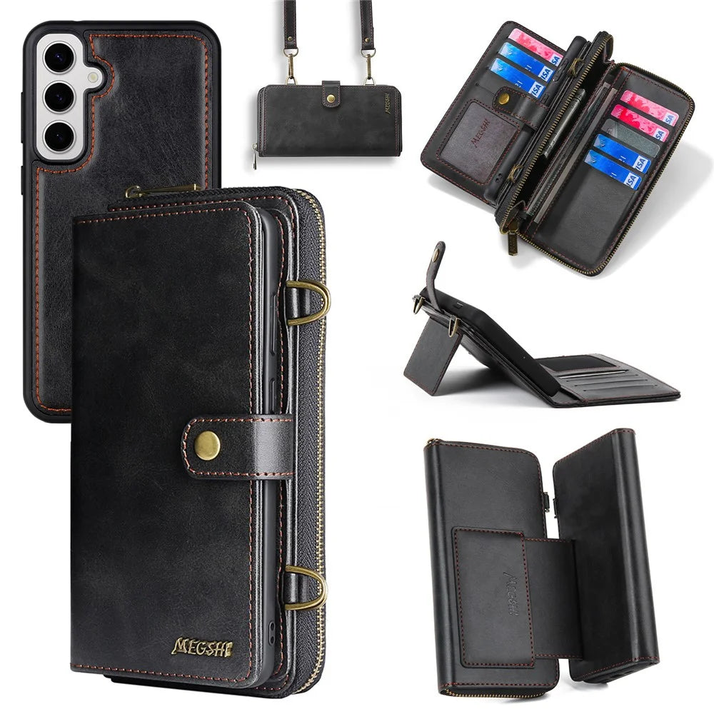 MEGSHI 020 Series for Samsung Galaxy S24 Leather Case Detachable Magnetic Phone Wallet Cover - Black - 1