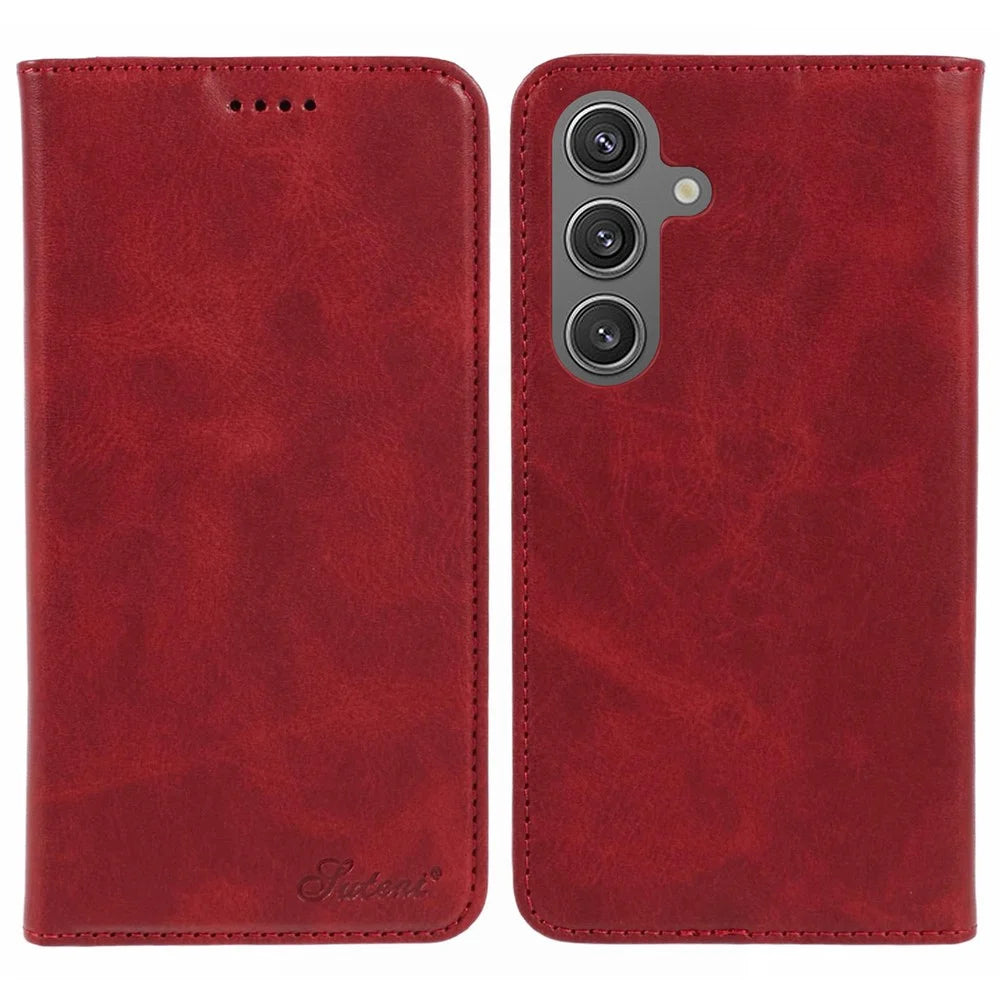 SUTENI For Samsung Galaxy S24+ Shock Absorbing Cell Phone Case PU Leather Wallet Cover - Red - 1